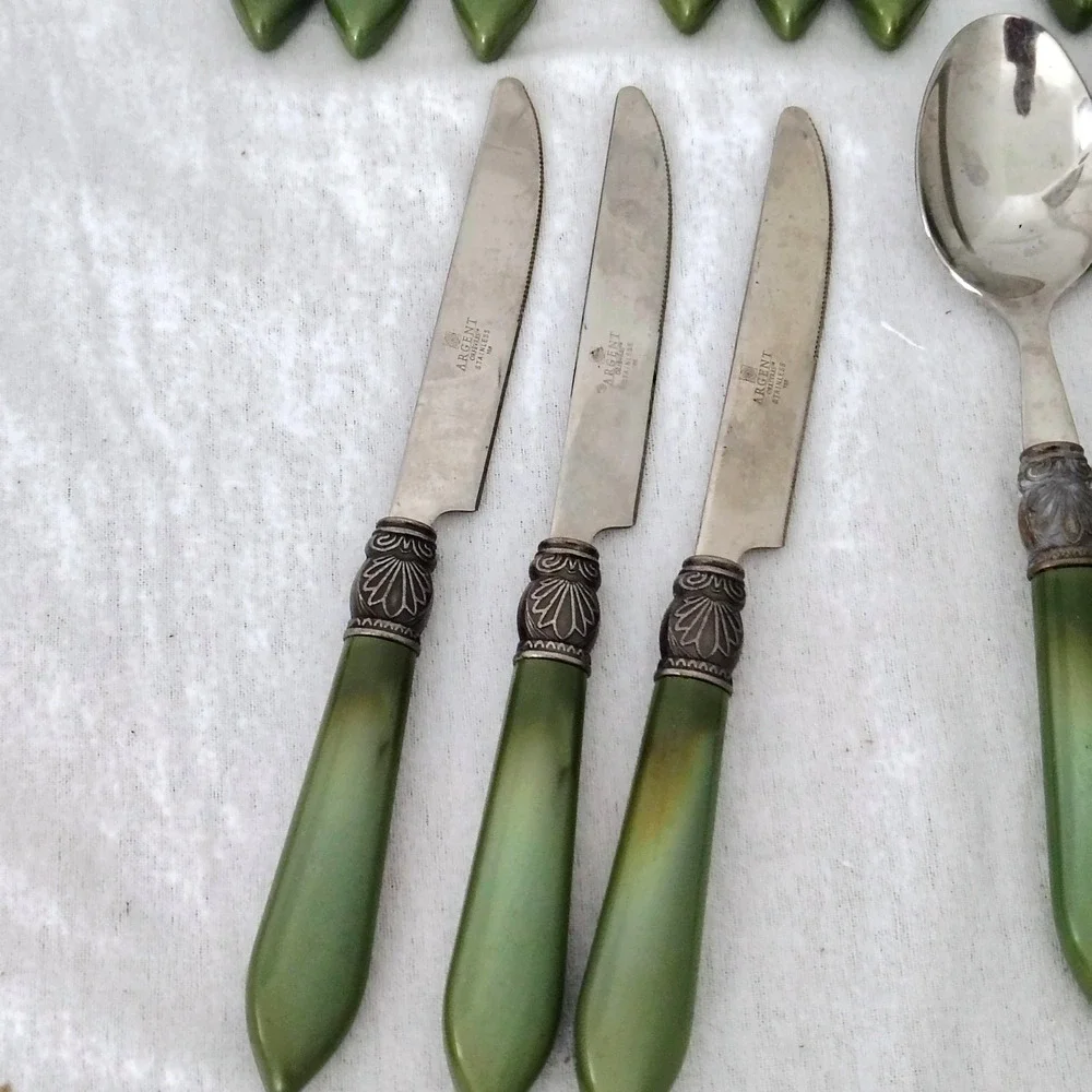16 Argent Orfevres Green Spoon Fork Knife Sophia Pattern Stainless Steel 188 VTG